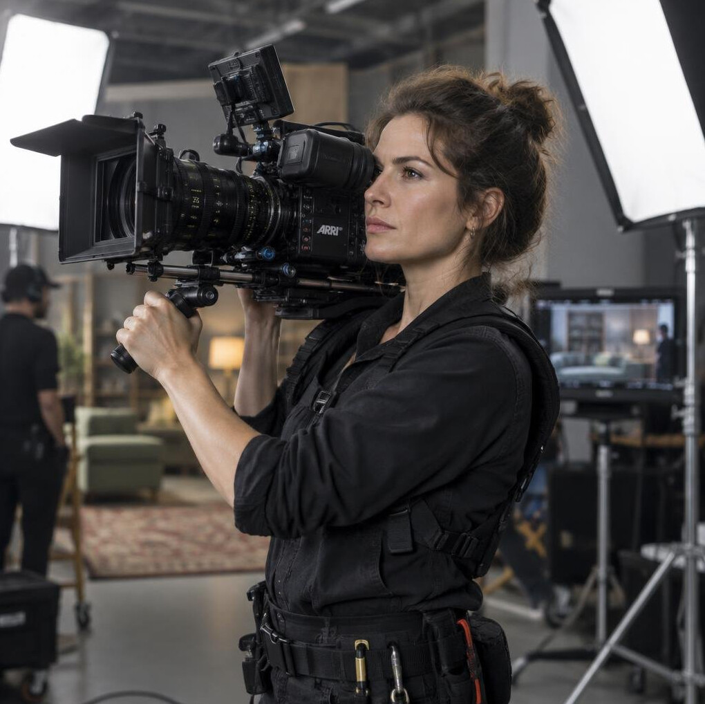 Cinematographer holding a professional camera on a film set