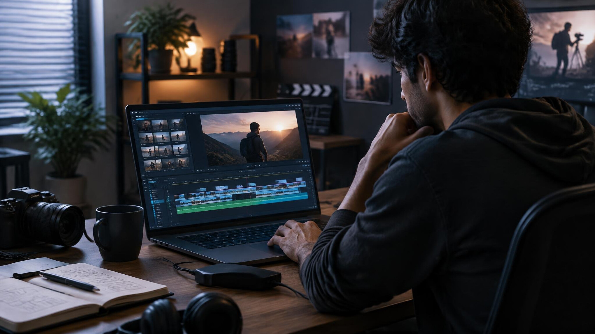 video editor working on laptop