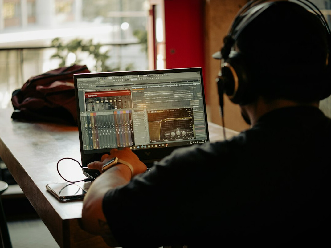 audio mixing console in studio