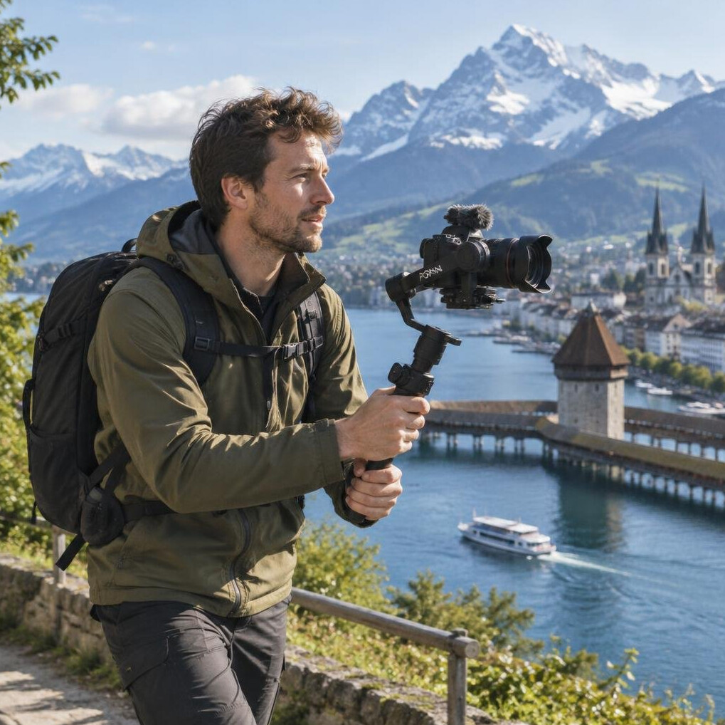 Videographer filming outdoors with a camera gimbal in front of Swiss mountains
