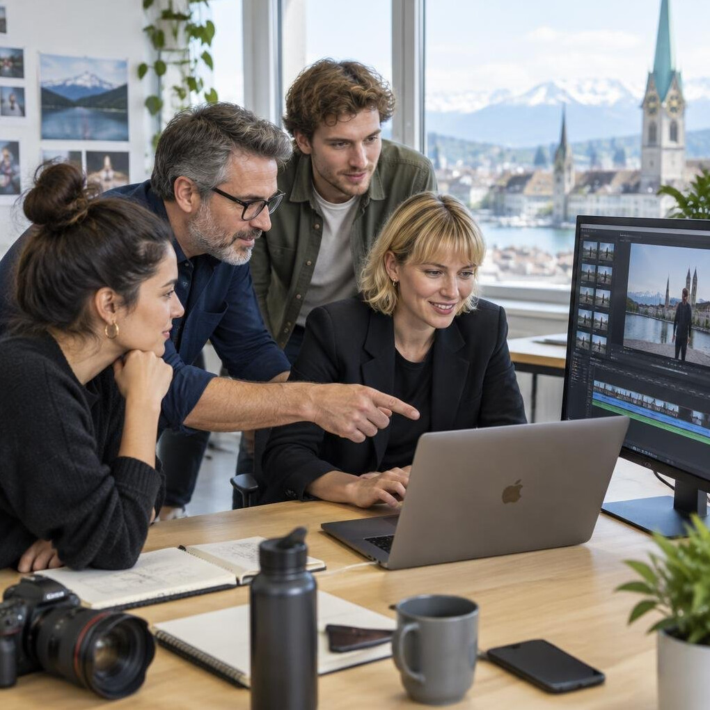 Small creative team reviewing video footage together in an office