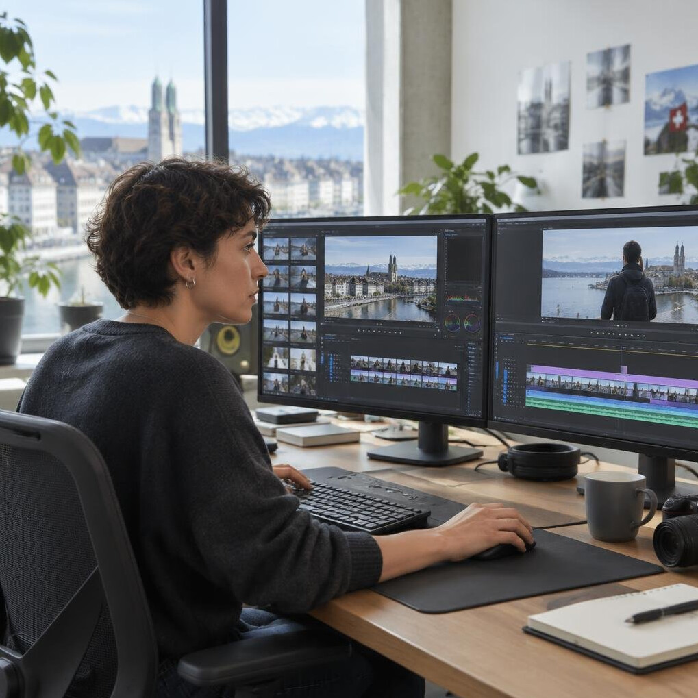 Video editor working at a multi-monitor editing suite