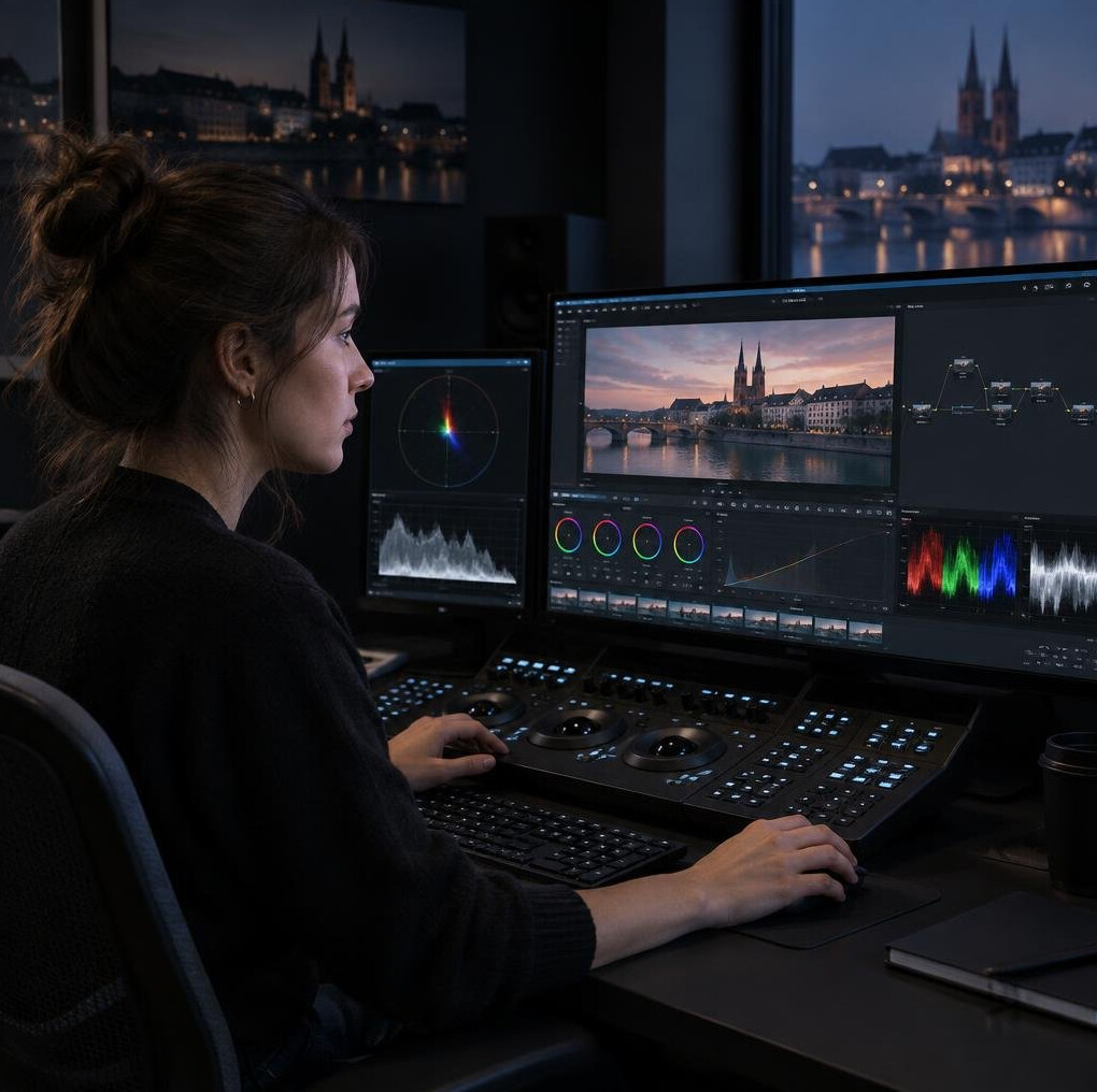 Colorist grading footage on a calibrated reference monitor