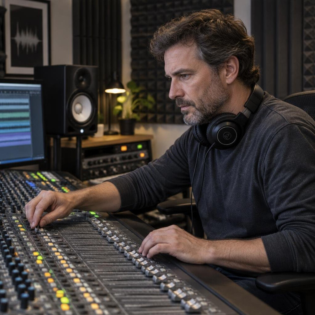 Sound engineer working at an audio mixing desk