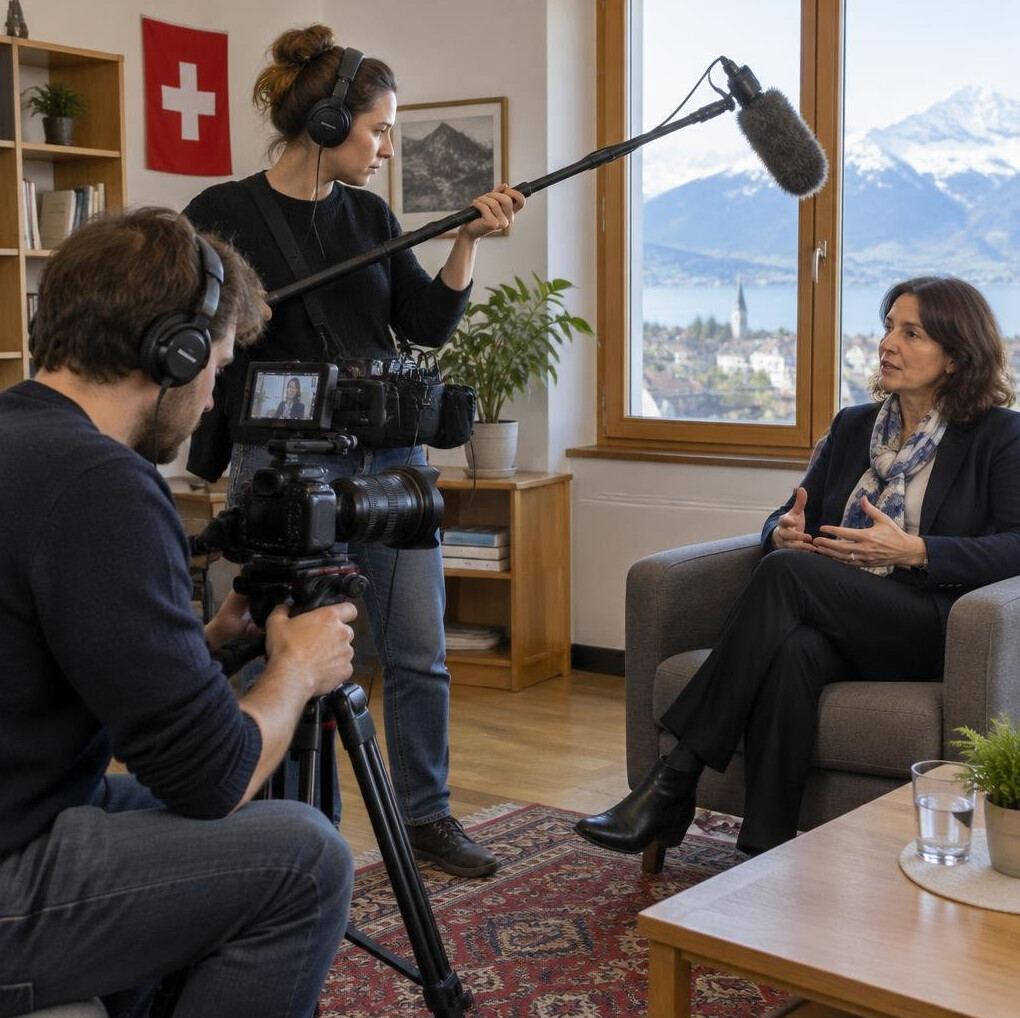 Documentary film crew filming an interview with camera and microphone
