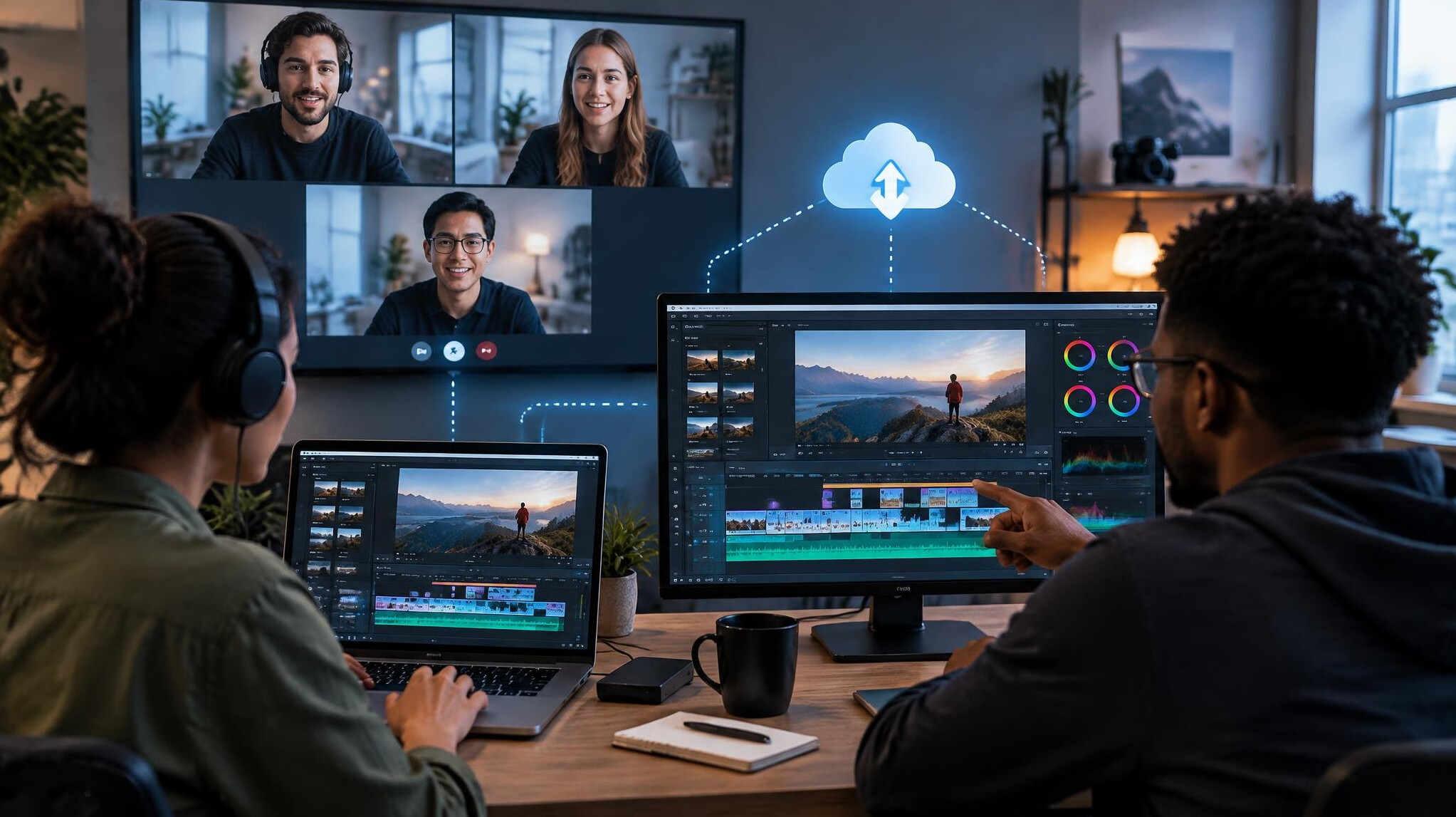 team collaborating on cloud video edit