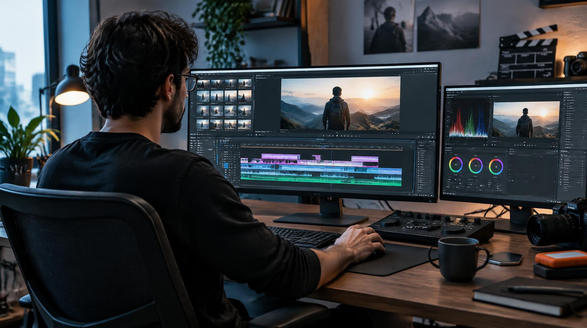 modern video editor at desk