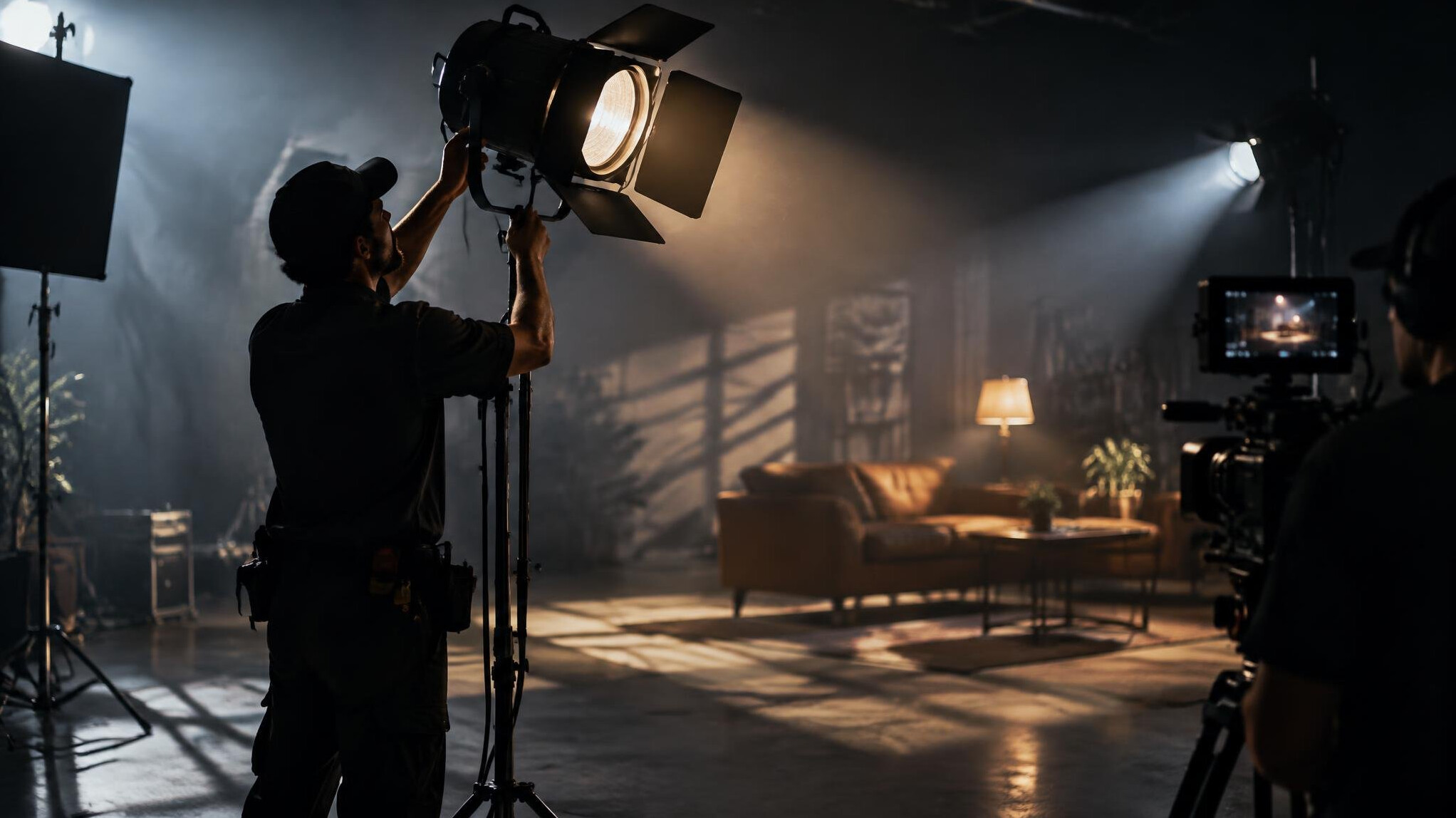 cinematographer adjusting lights on set